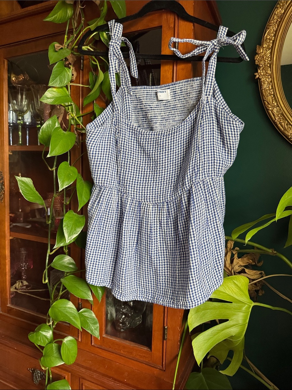 Old Navy Navy and White Gingham Tie-Shoulder Peplum Camisole